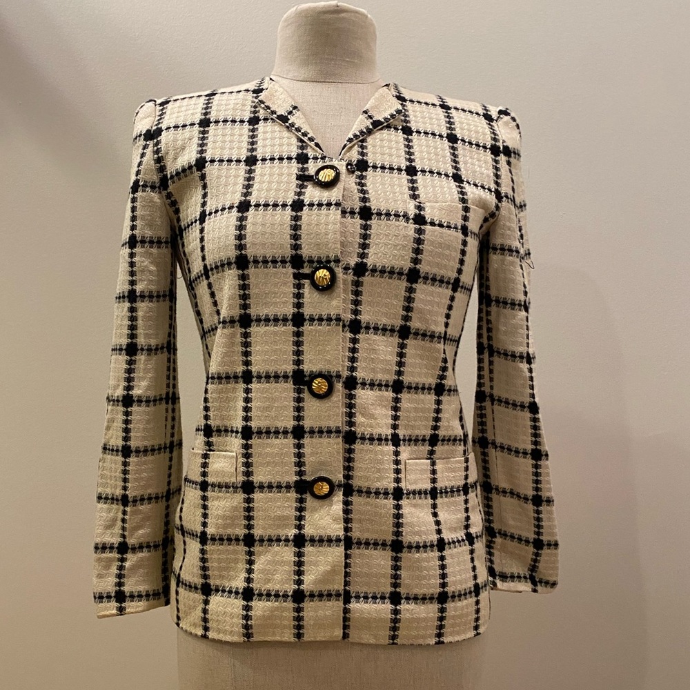 Casual Corner Womens Vintage Blazer Off White/Black Plaid /Gold Buttons/Size 2 P - Picture 2 of 13